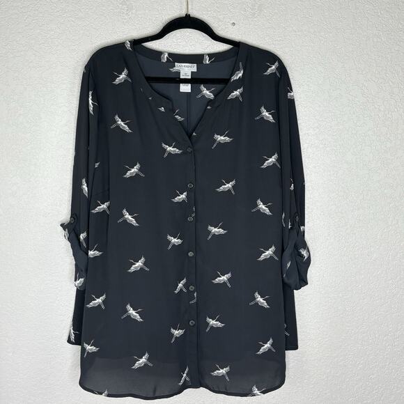 Catherines Top 3X Black Crane Print Roll Tab Sleeve Semi Sheer Button Up Tunic - Picture 2 of 6